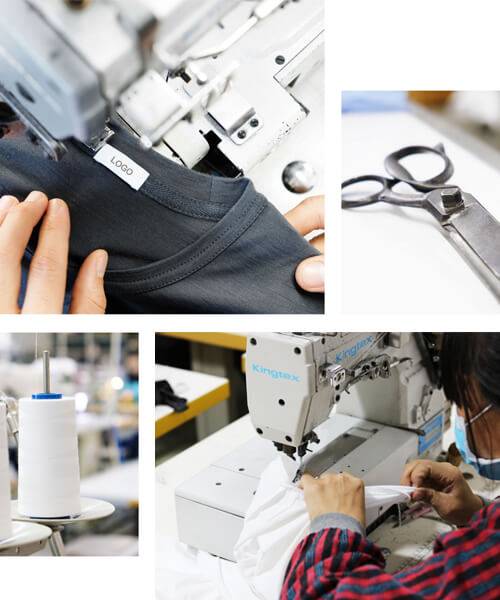 A set of images showcasing the T shirt production process including a sewing machine sewing a T shirt cutting tools a spool of thread and a worker operating a sewing machine